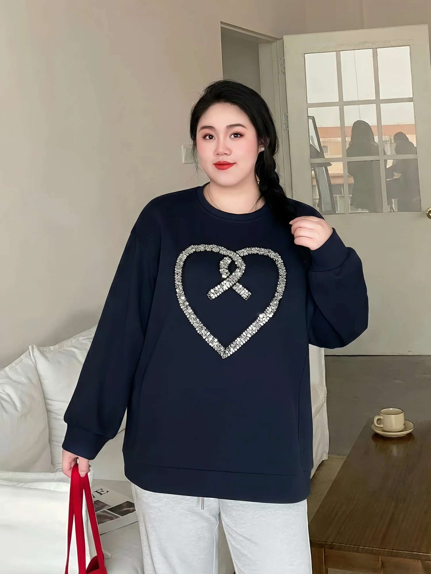 

Spring New round Ne Oversized Hoodie Women's Large Size Faionable Loose Top Love Design Commute Sle Cotton Polyester