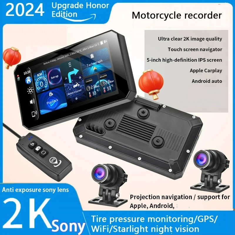 New 5 Inch 2 lens Motorcycle DVR Recorder 2 K Wireless CARPLAY Moto Android Auto With WIFI GPS Motorcycle Tire Pressure