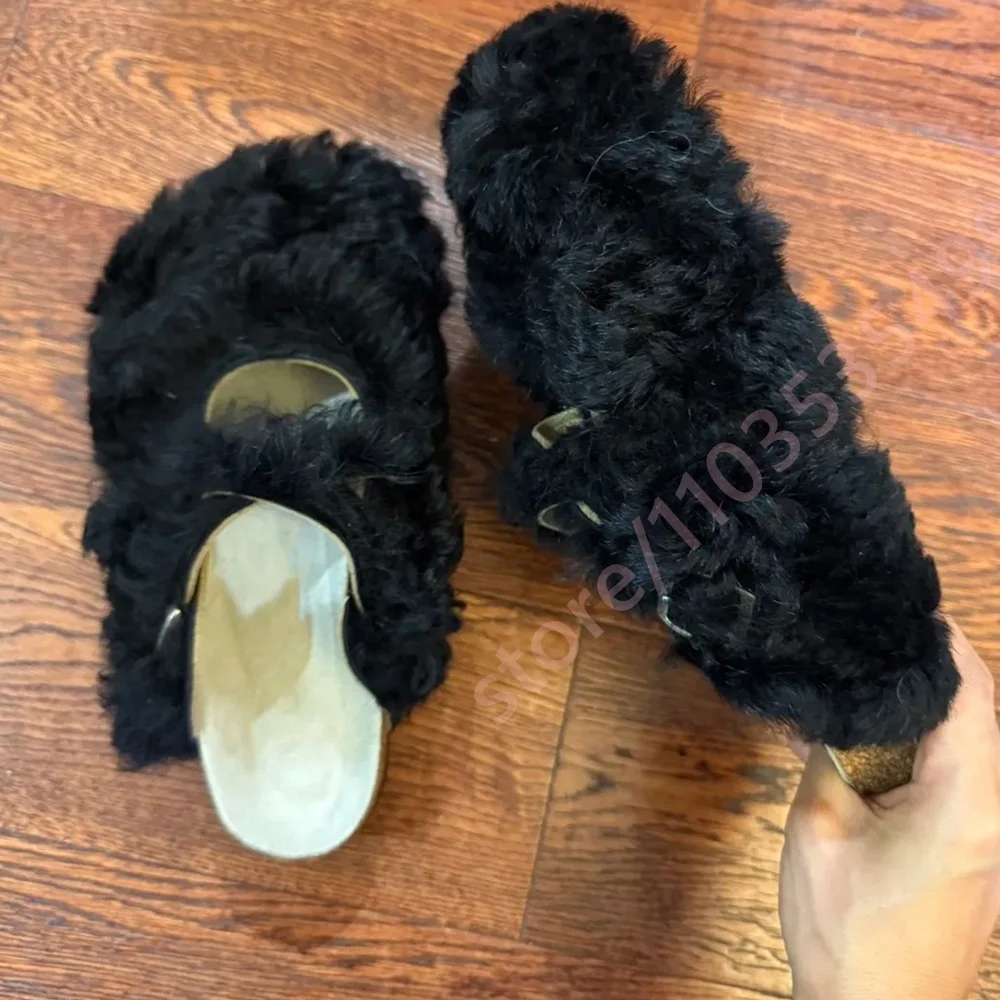 Women Curly Lamb Furry Backless 2026 Mules Double Metal Buckle Flat Sole Winter Warm Slip On Slingback Casual Street Sandals