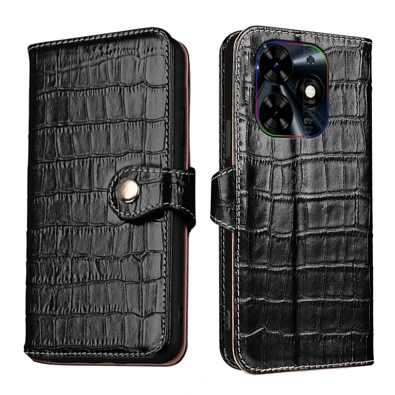 

Real Leather Crocodile Texture card Slot Wallet Cover For Tecno Spark Go 2024 10C 9T 9 8C 8P Filp Magnetic skin shockproof Case