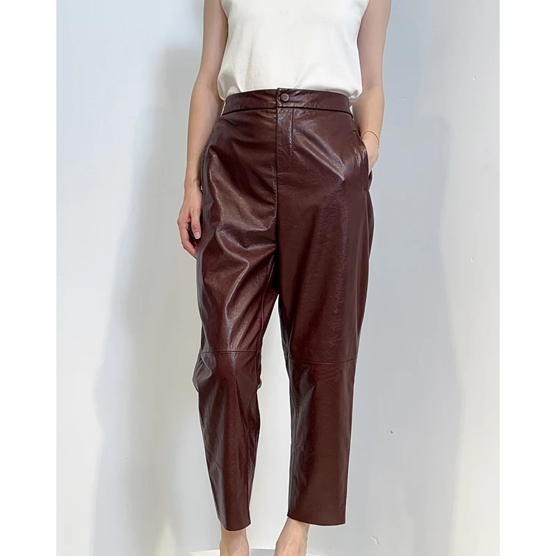 Winter Pants Women Oil Wax Calf Leather Elastic Waist Stretch Harem Pants Simple Commuting Style Loose Ankle-Length Trousers