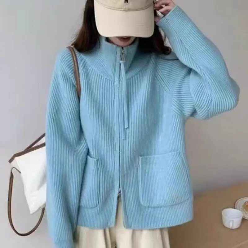 Cárdigan con cuello levantado para niña, abrigo holgado con doble cremallera, prendas de punto gruesas, versátil, viento perezoso, partes superiores nuevas, venta al por mayor, Otoño Invierno