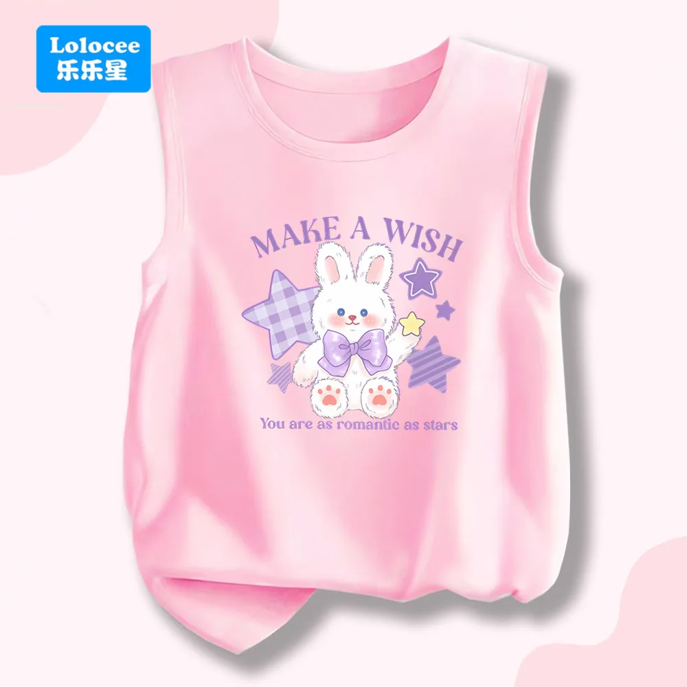 Girls' Kawaii Bunny and Star Print Tank Top- 5 Colors Round-Neck Summer Vest for 3 -14 Years Kids Sleeveless T-shirt  XXX01