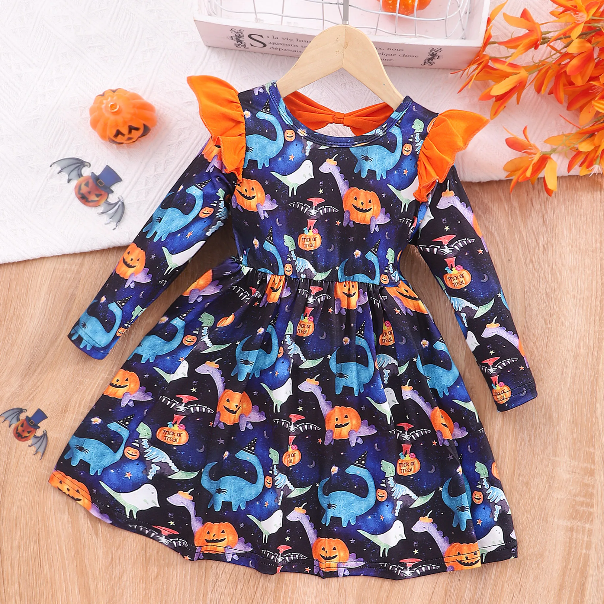 2023 Halloween Winter New Arrivals Girls Dresses Long Sleeve Pumpkin Collar Ruffles Floral Cute Sweet Kids Dress Vestidos