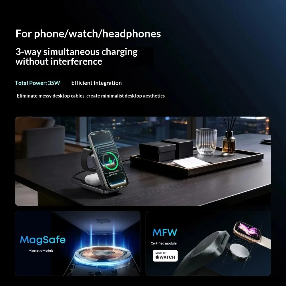 Anker B25N1 Foldable 3-in-1 Qi2 MagSafe Charger 25W Multi Device Charger for iPhone Apple Watch AirPods Portable Travel Station