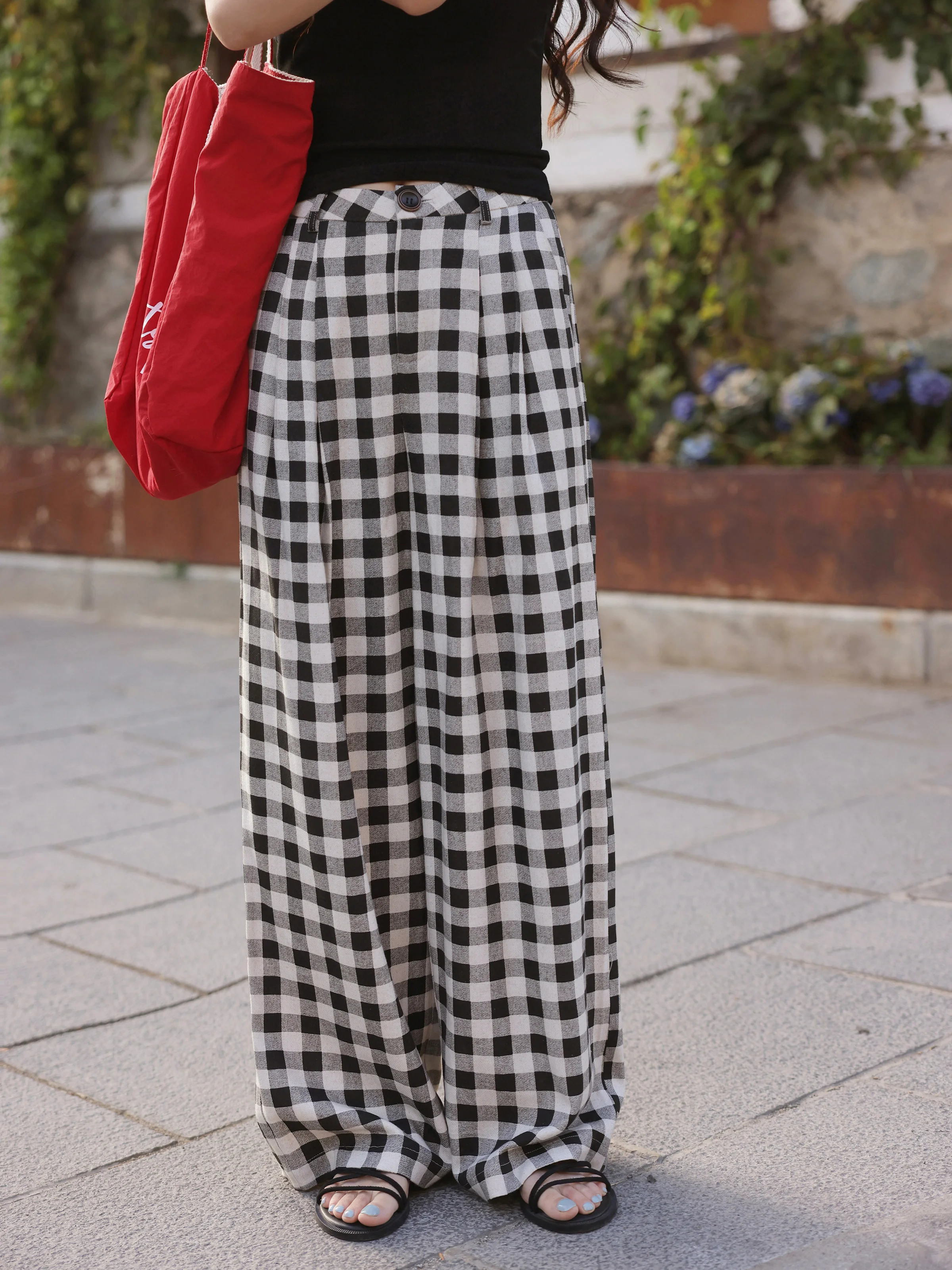 Vintage High Waist Plaid Wide Leg Pants Black White Checkered Trousers for Women Summer Casual Relax Floor Length Long Pants