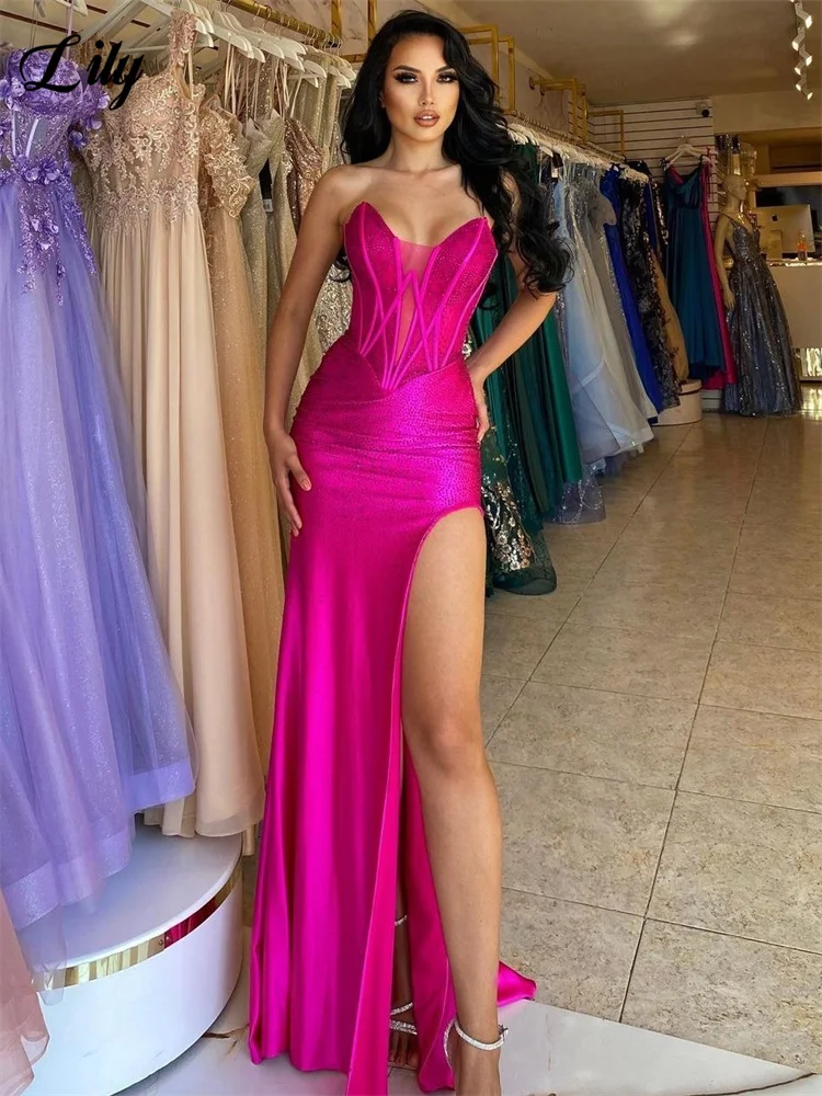 

Lily Fuchsia Sexy Sweetheart Party Dress Sleeveless Fishbone Hollow Out Evening Gown Shiny Satin Side Slit Prom Dress Customized