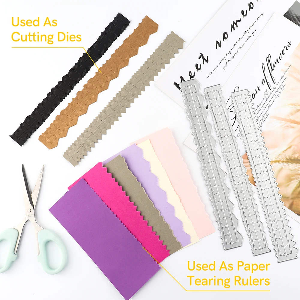 3 Types Multipurpose Paper Tear Guide Rulers And Metal Cutting Dies Deckle Edge Rulers for DIY Scrapbooking Craft Paper Cards