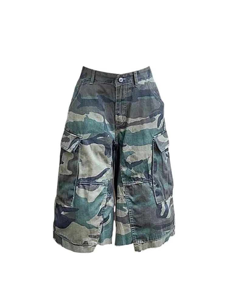 Summer Women Y2k Japanese Camouflage Jean Shorts Jorts Knee Length Denim Pants Japanese Y2k Streetwear Harajuku Fashion Grunge