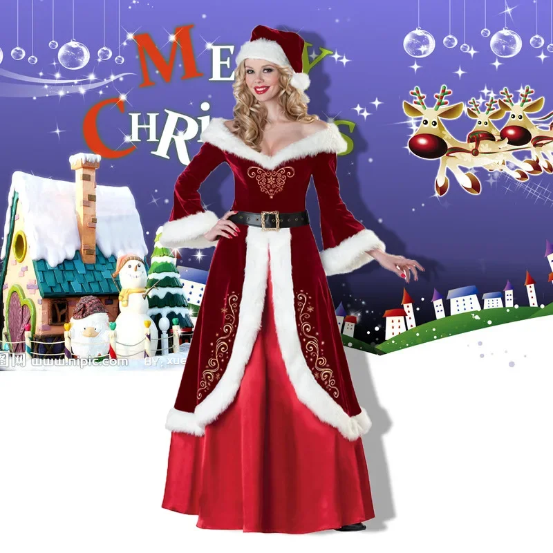 Traje de Natal do Papai Noel para homens e mulheres, Cosplay luxuoso, Casal Holiday Outfit, Deluxe