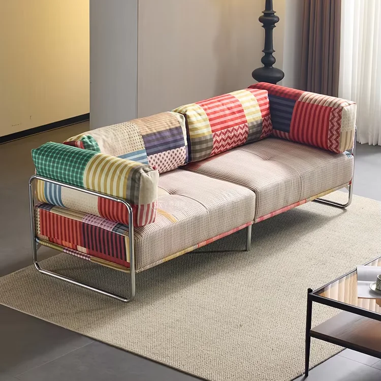 Mid-Century Retro Fabric Sofa Colorful Two-Three Seater For Small Living Rooms Wrought Iron Set Sponge Filling