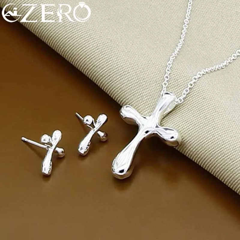 

ALIZERO 925 Sterling Silver Cross Pendant Necklace Earrings Set for Women Wedding Engagement Party Jewelry