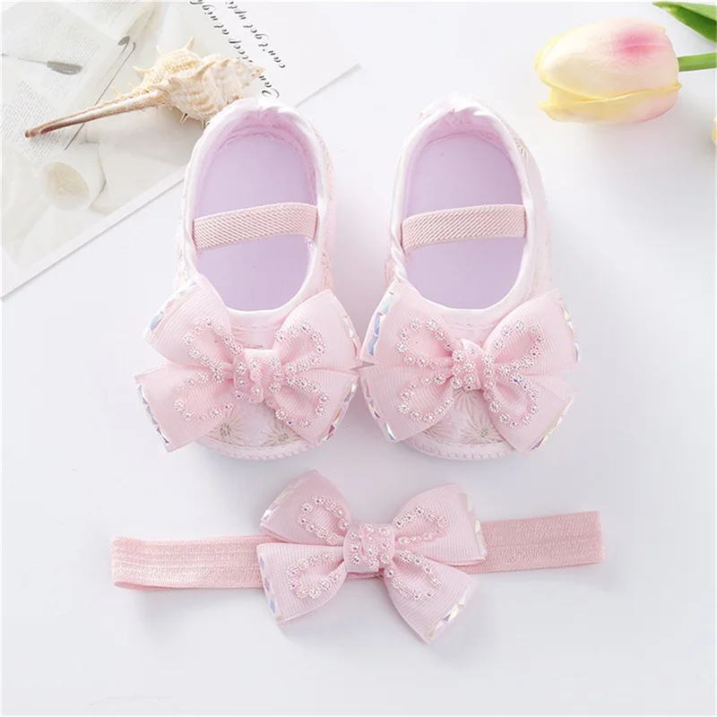 

Elegant Beaded Mary Jane Flats with Bow and Matching Headband for Baby Girls Princess Wedding Dress Perfect for Newborns