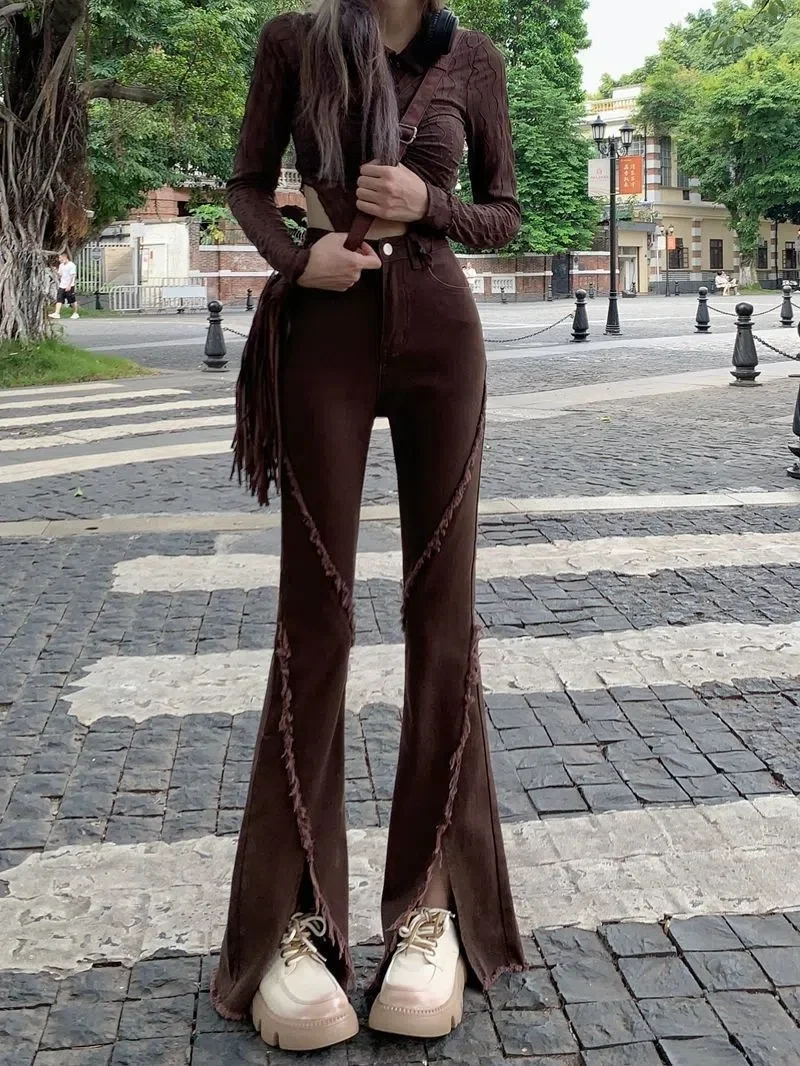 Zipper High Waist Clothes Loose Pants Retro Female Tassel Micro Flared Trousers Frayed Edging Ripped Hole Streetwear Denim Jeans