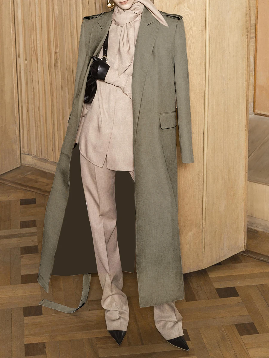 TWOTWINSTYLE Solid Slimming Spliced Lace Up Temperament Jacket for Women Lapel Long Sleeves Patchwork Pockets Trench Female New