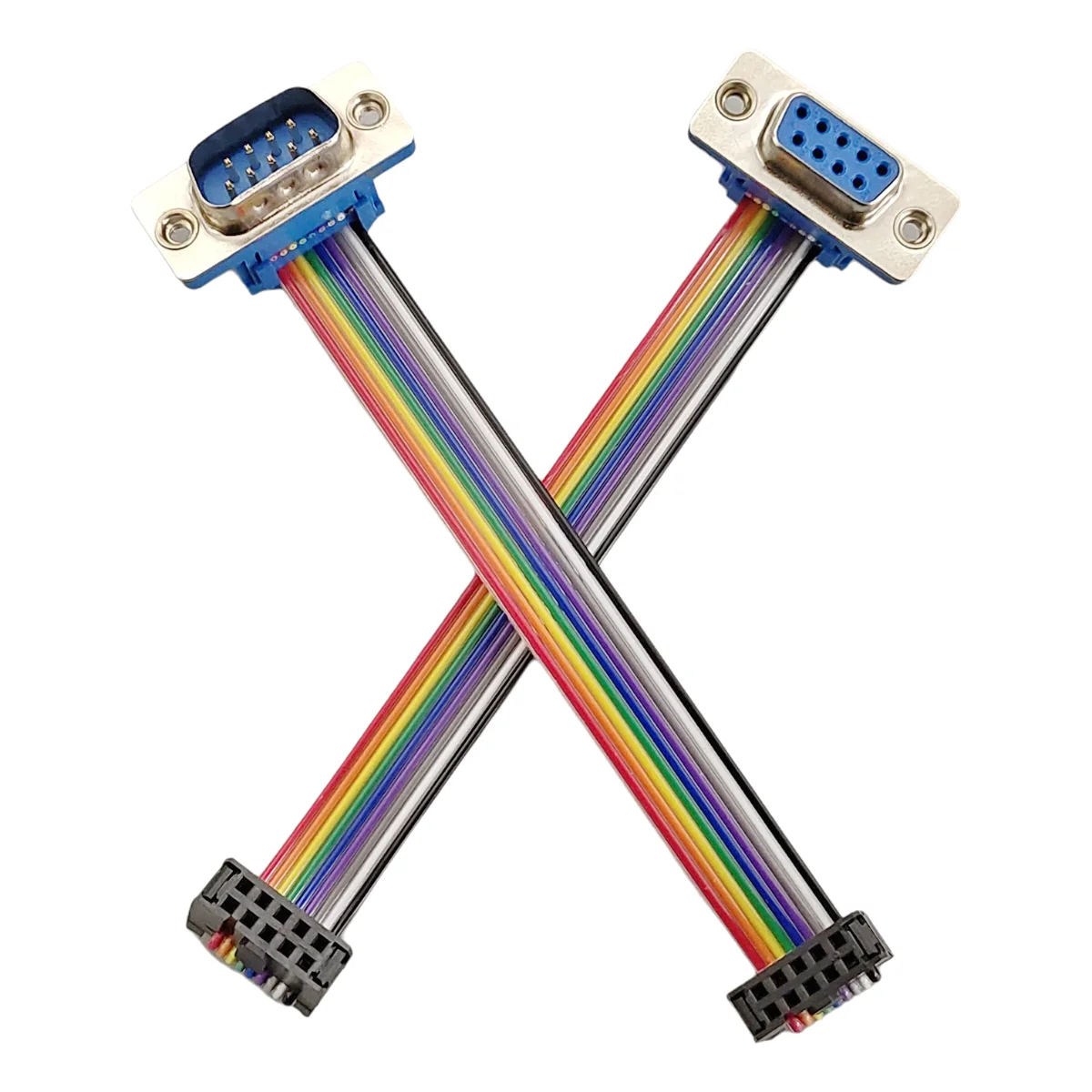 D-Sub DB9 9 Pin Male / Female Connector to FC-10P IDC Female 2.54mm 10 Pin Rainbow / Multicolor Flat Ribbon Cable to DIDC 9P