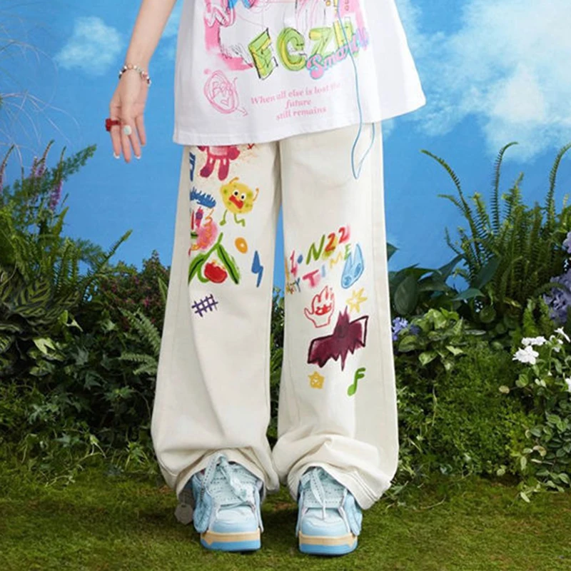 White wide leg jeans, women's summer niche design, cartoon print, high waist, loose fit, slimming straight leg floor pants