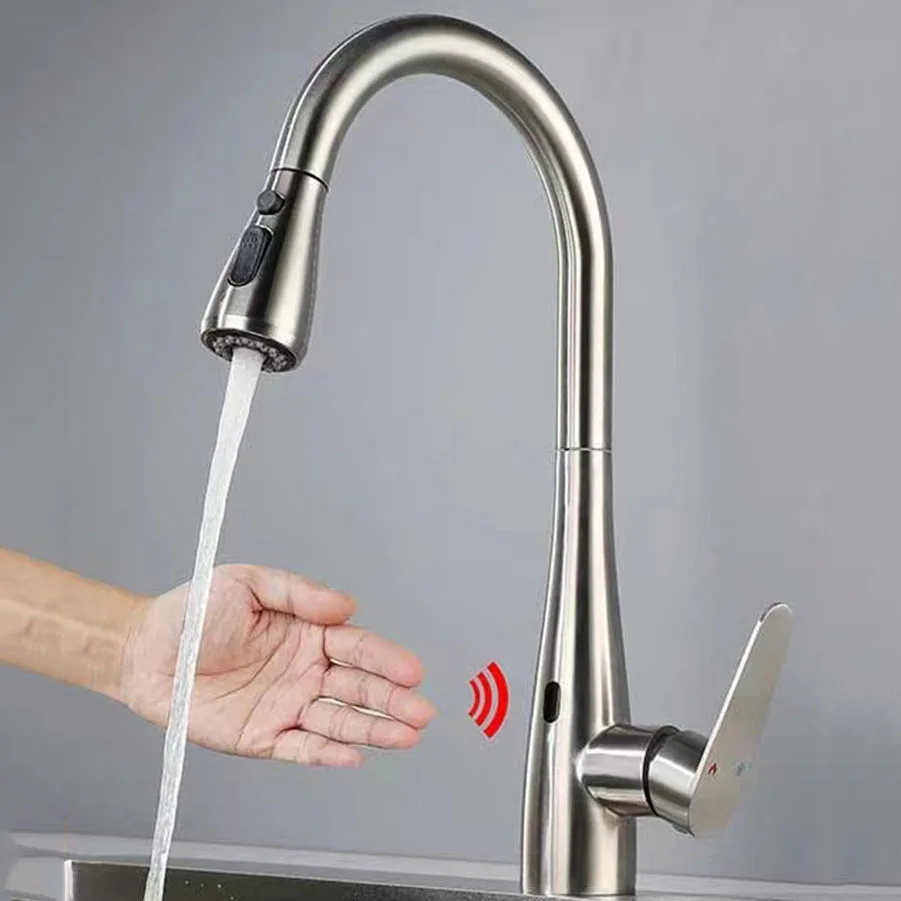 Nickel Smart Touchless Kitchen Faucet 304 Stainless Steel Poll Out Smart Sensor Hot and Cold Water Mixer Kitchen Sink Faucet