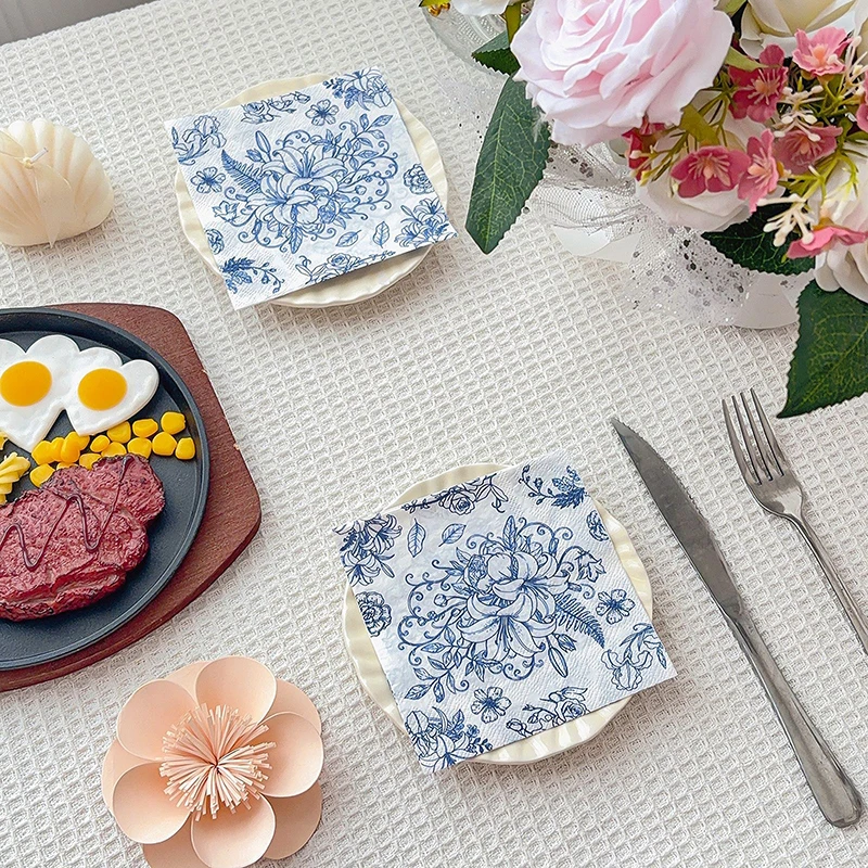 20Pcs Blue Flower Printed Paper Napkins, 2-Ply Disposable Napkins for Baby Shower Birthday Party - Table Decor Tissue Supplies