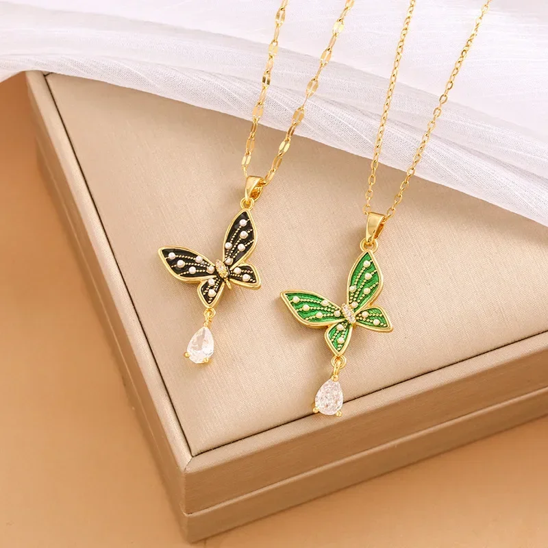 

Fashion temperament pearl oil drop butterfly necklace women