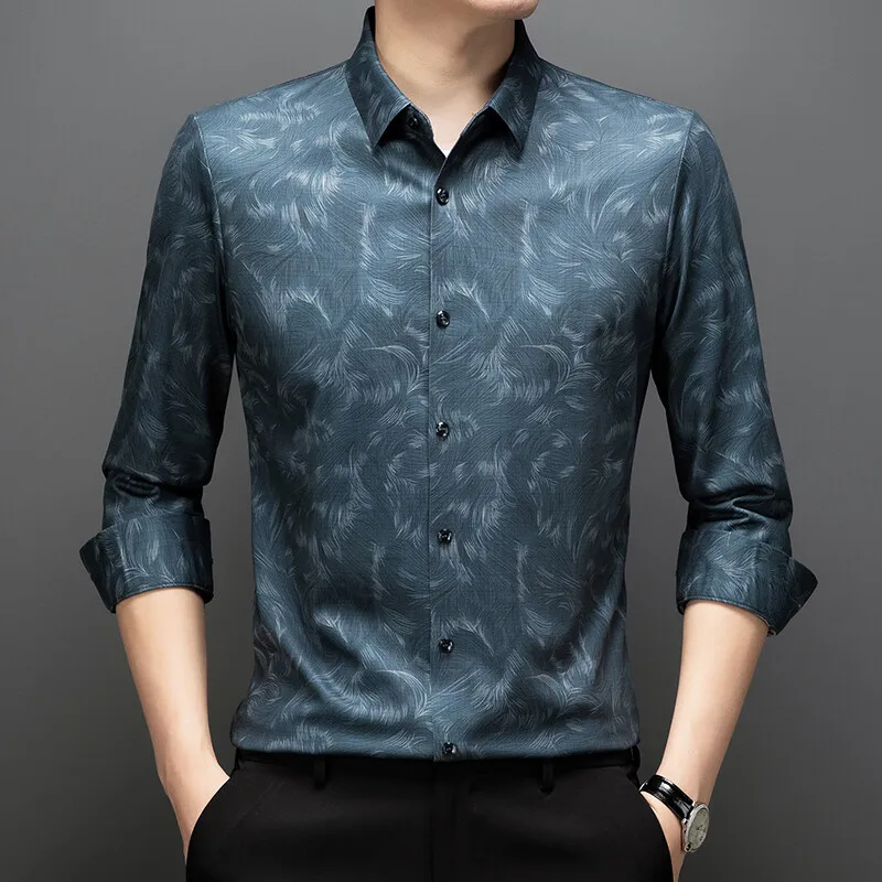 

Весенне-летняя бесшовная рубашка с длинными рукавами для мужчин, повседневные деловые классические рубашки с принтом в стиле ретро, офисные топы, мужская одежда