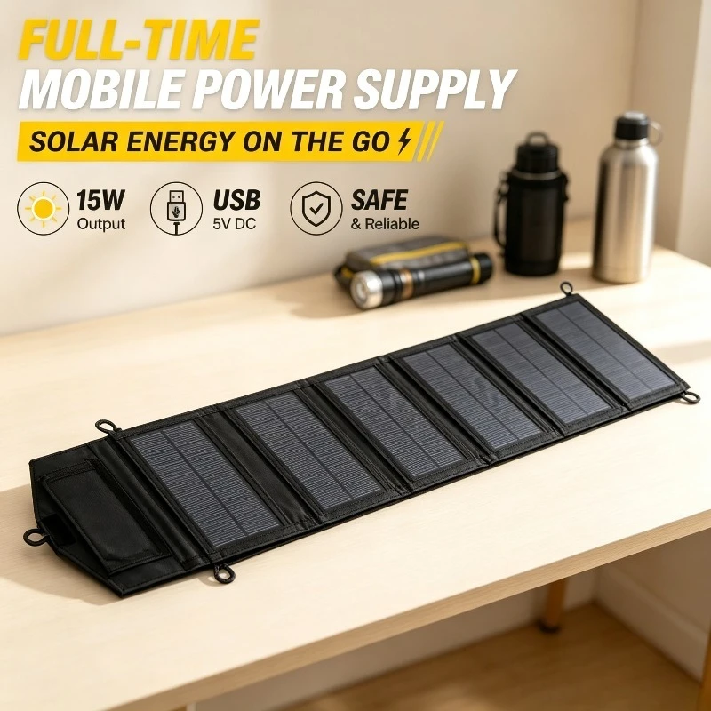 Caricatore Solare USB 5V DC a Ricarica Rapida, Pannello Solare Portatile Pieghevole a 6 Sezioni da 15W ad Alta Potenza, Alimentatore Mobile per Estern