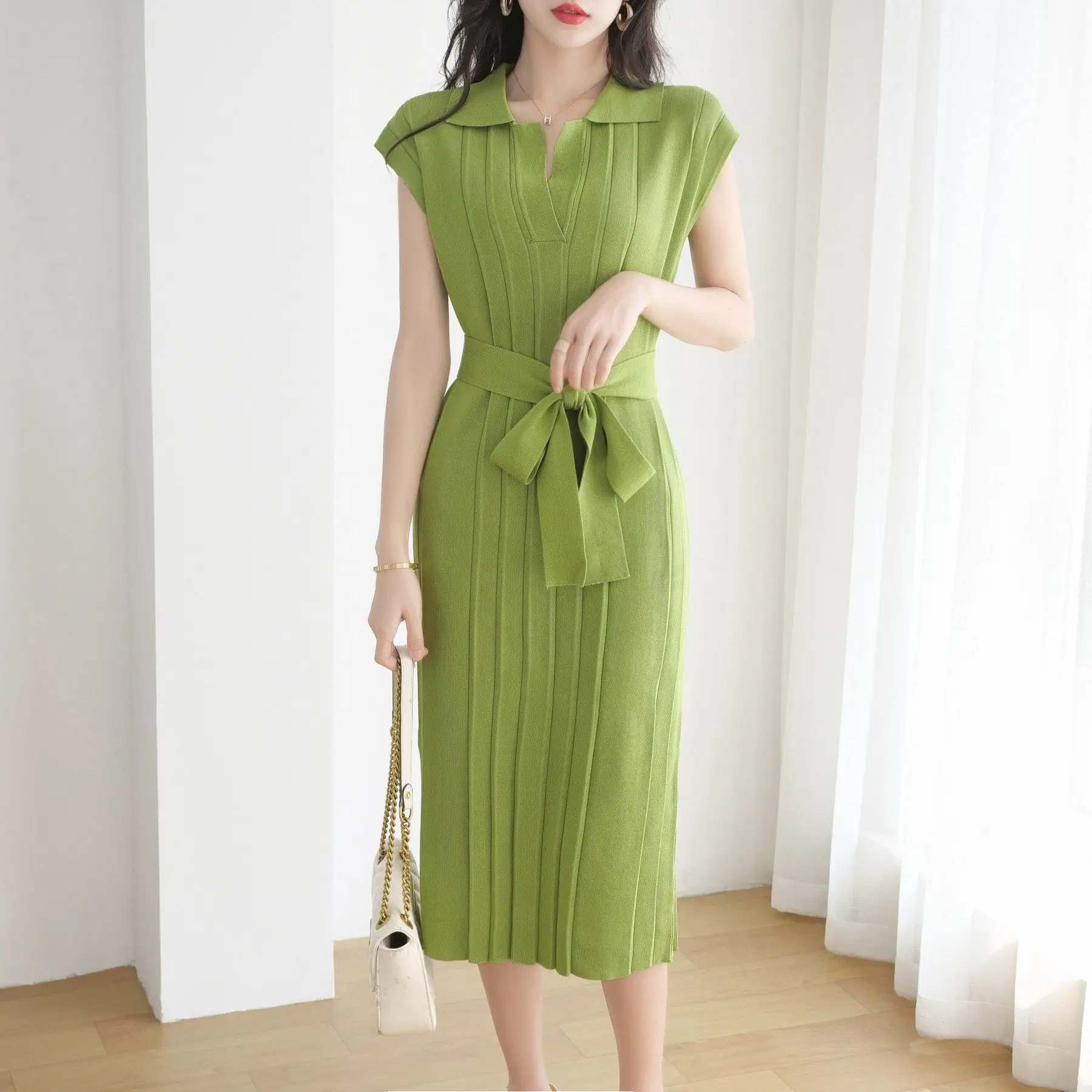 E Vestido de Punto Primavera Verano 2024 Vestido Midi Hoado con Cinturón para Mujer Cuello  Manga Larga Ropa de ...