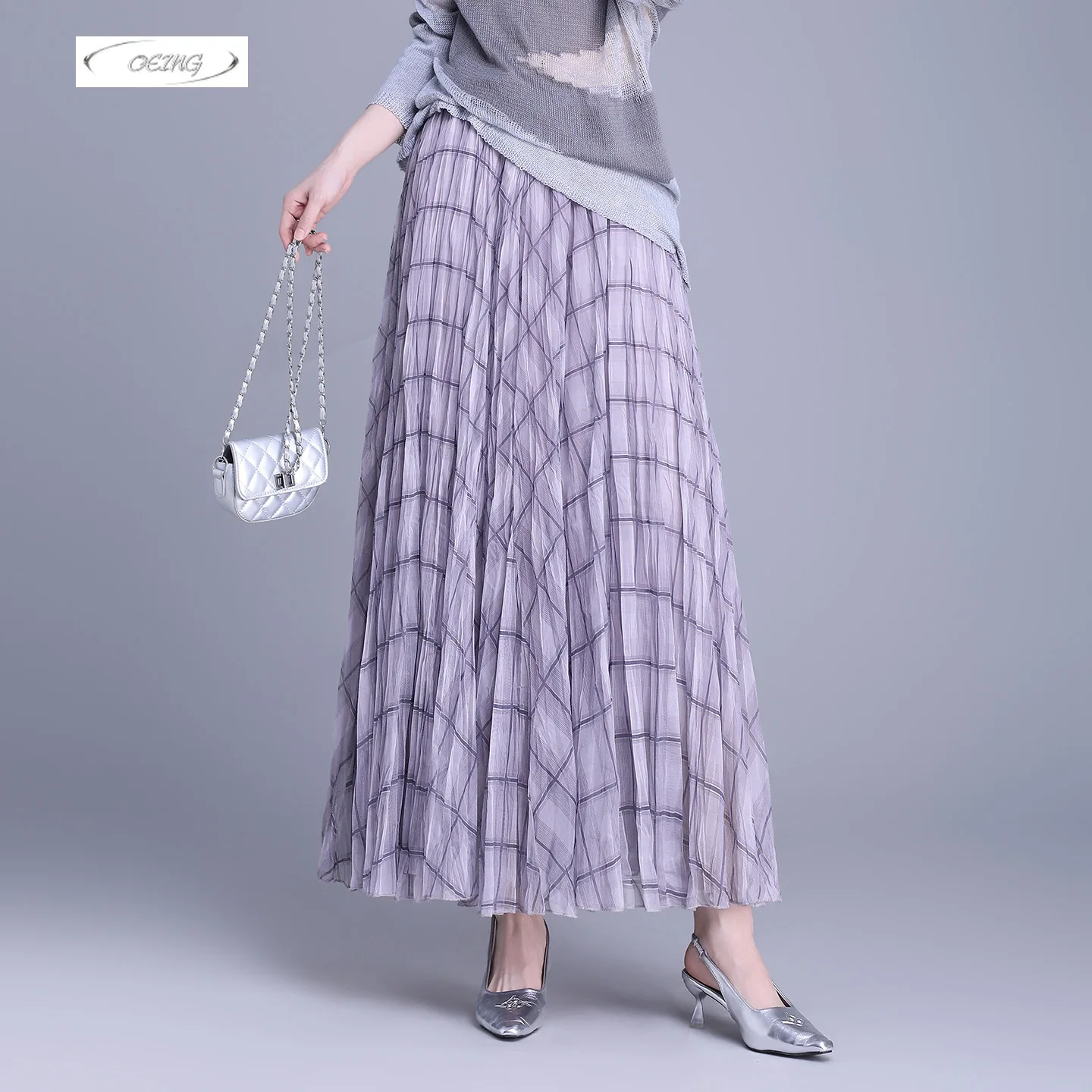 

Женская модная юбка-клеш в клетку из сетки, весна-осень, с эластичной высокой талией, повседневная, в корейском стиле, длинная, модель 1817