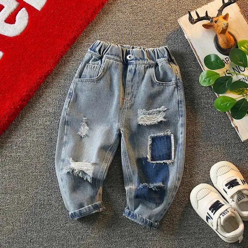 

Boys' Jeans Spring 2023 New Handsome Perforated Baby Pants Autumn Children's Fashion Casual Pants