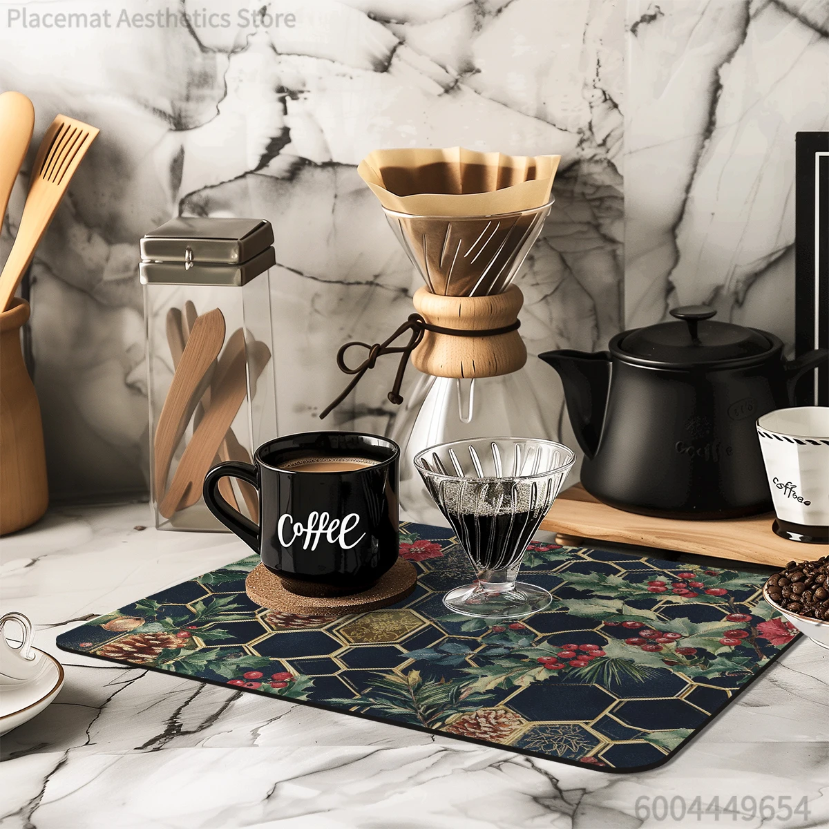 Coffee Cup Drying Mat Christmas Holly Non-slip Absorbent Mat Diatoms Tableware Kitchen Counter Drain Mat Coffee Bar Drain Mats
