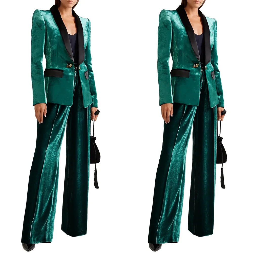 Trajes de pantalón de terciopelo verde brillante para mujer, ropa de boda de ocio Sexy, pantalones formales, chaleco, chaqueta, Blazer, traje femenino