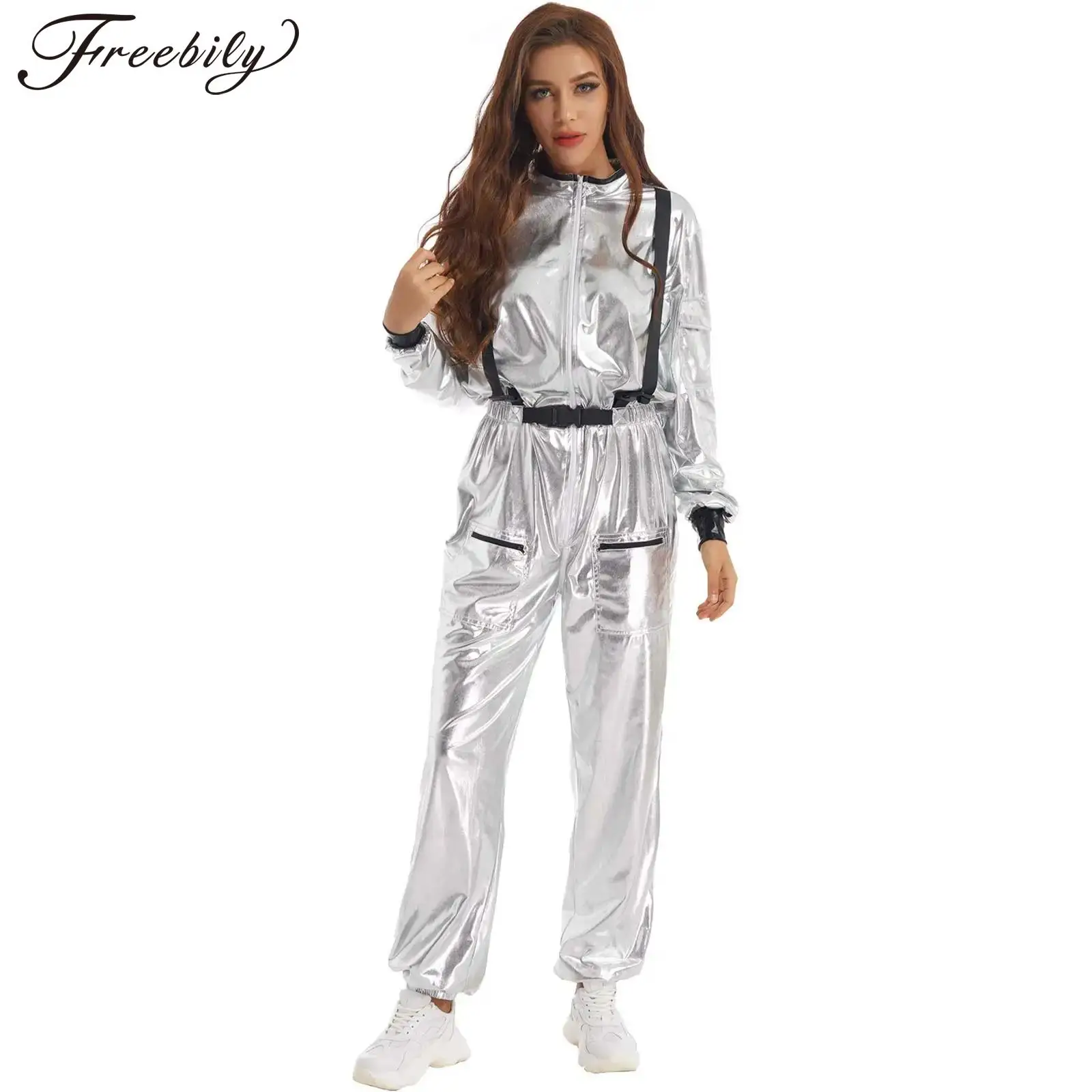 

Women Astronaut Cosplay Costume Metallic Shiny Long Sleeve Jumpsuit Zipper Bodysuit for Halloween Carnival Theme Party Clubwear