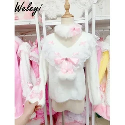 Sweet Lolita Sweater Knit Pullovers 2024 Winter Cute Women's Kawaii All Match Pink Bow Long Sleeve Thickened Sweater Jumper Top