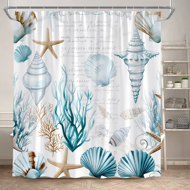 Nautical Ocean Shower Curtains Blue Shell Conch Seaweed Starfish Bath Curtain Set Polyester Fabric Bathroom Decor with Hooks