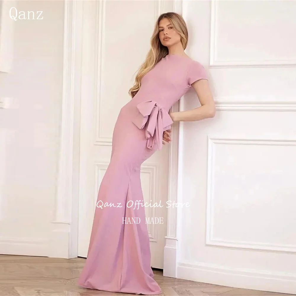

Qanz Elegant Satin Evening Dresses Mermaid Short Sleeves Robes De Soirée With Bow Vestidos De Boda Para Fiestas Customized