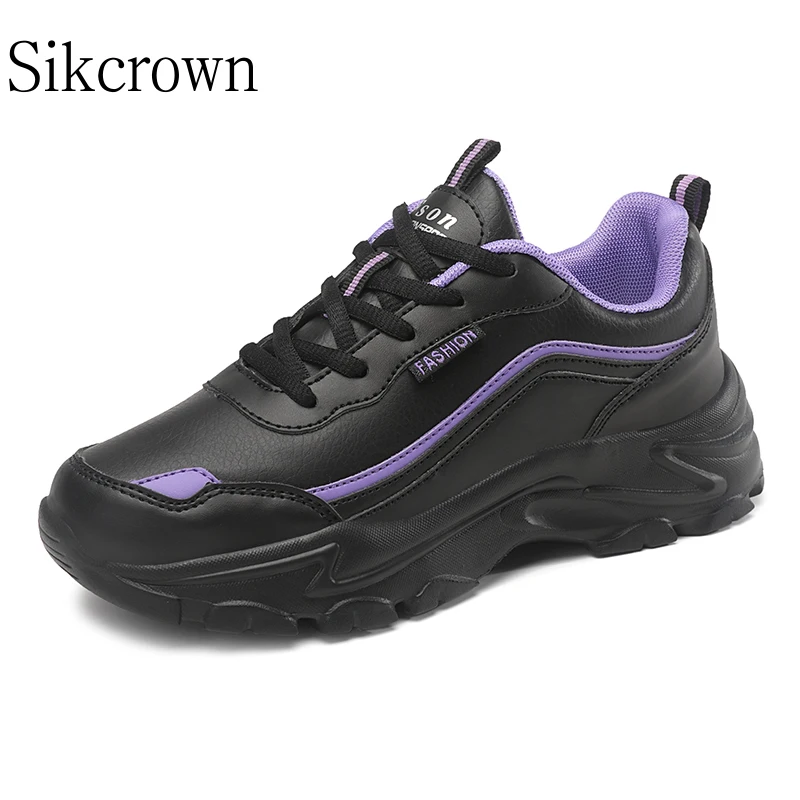 Black Thick Sole Leather Sneakers for Women Big Size 42 Fashion Women Running Shoes High Quality Flats Walking Platform Purple