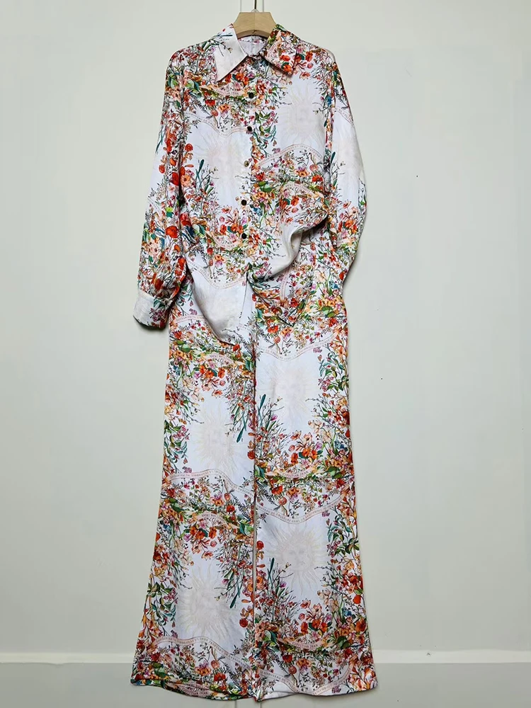 

Retro geometric print lapel loose shirt two-piece set 2025 autumn women's clothing+high waist wide leg pants fashion set
