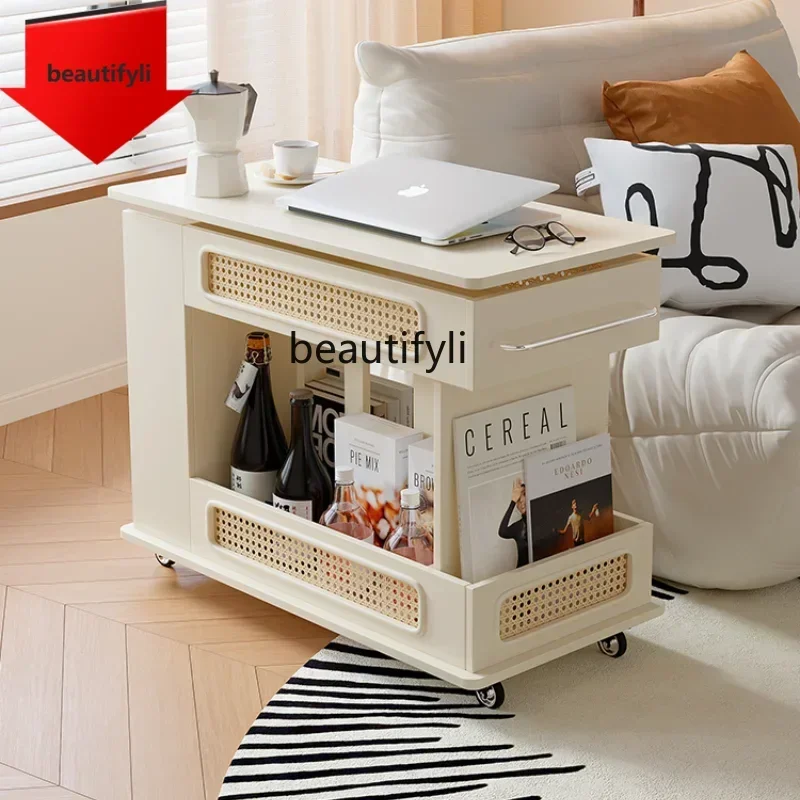 K185 French Cream Style Rattan Coffee Table Movable Adjustable Small Coffee Table Sofa Side Cabinet Living Room Storage Table