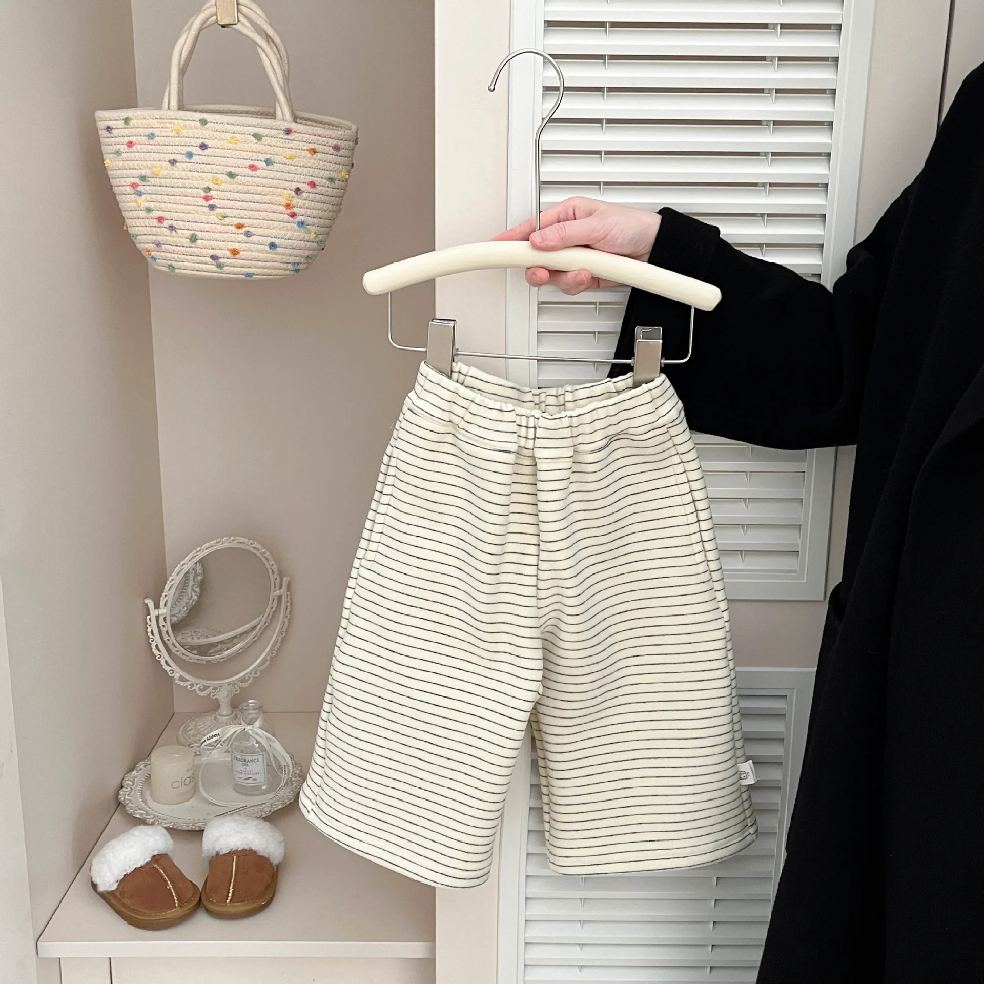 بنطال مستقيم الساق مخطط سميك واسع الساق مبطن بالصوف رشاقته Grils الأطفال الأولاد كل مطابقة المألوف مريح