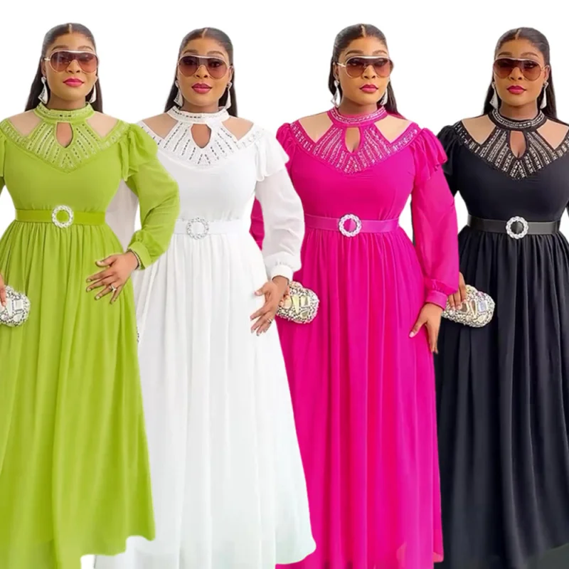 

Plus Size Women's Dress Muslim Elegant Fashion Rhinestone Belted Chiffon Gown