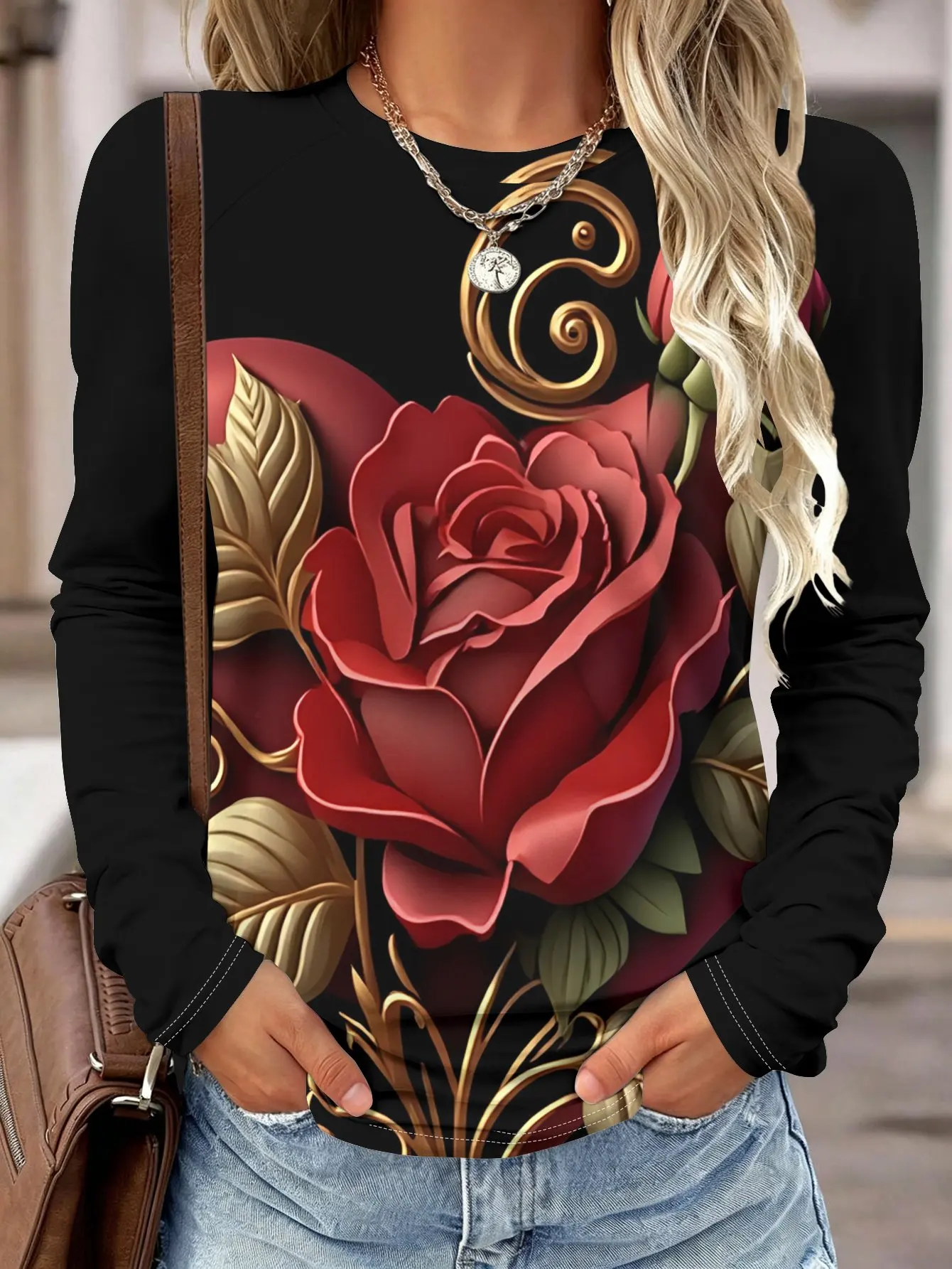 Women Long Sleeve Shirt 3D Red Rose Golden Leaf Print Round Neck Raglan Casual Fall Daily Tops Women's Clothes