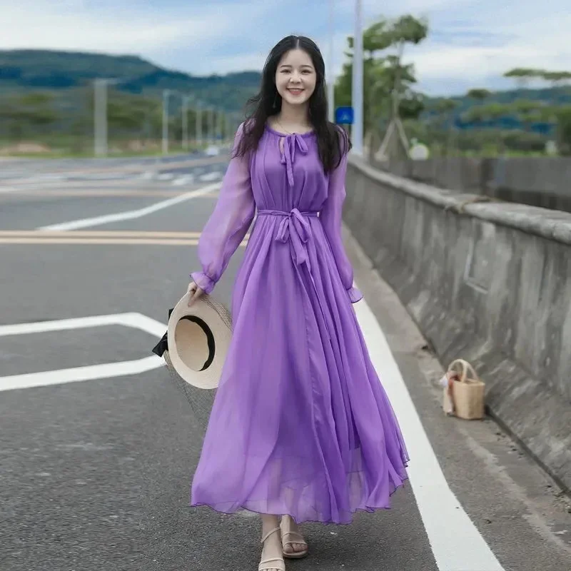 

Chiffon Lace Up Purple Dress 2025 Summer New Women's Long Sleeved Fashion Beach Resort Fairy Dresses Female Vestidos EREW
