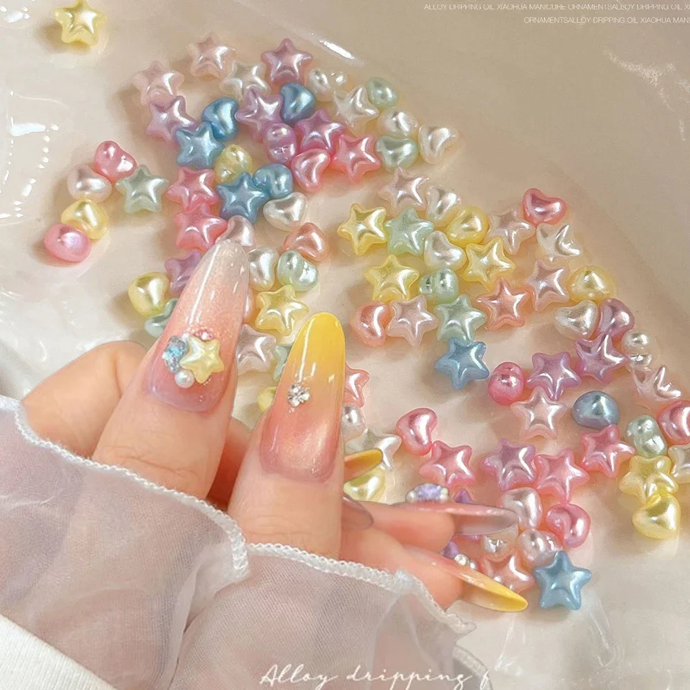 100 Stück 2 Packungen Macaron Stern Herz 3D Perlmutt Strass Nagelcharms Gemischte Farben 6,5*10mm für Maniküre DIY Liebesherz – Detail 3