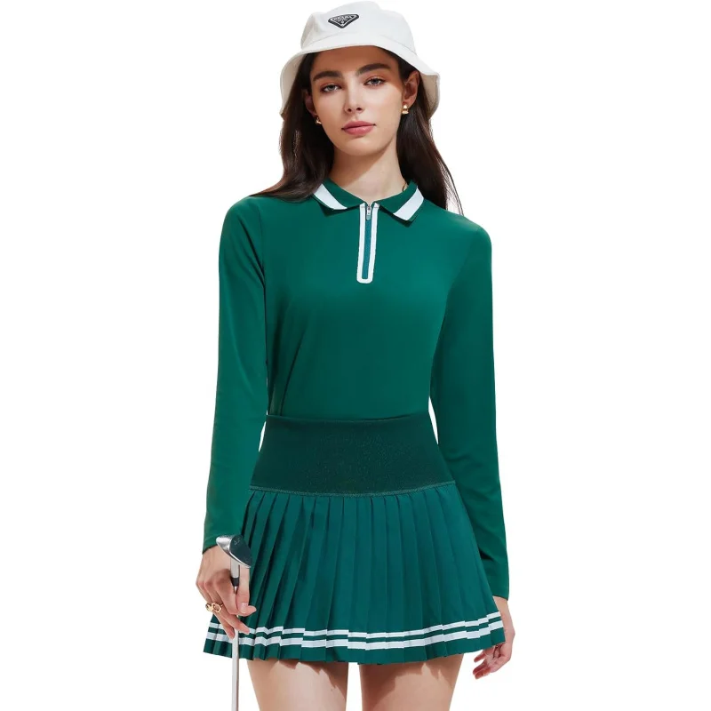 Women's Long Sleeve Tennis Dress 2 Piece Athletic Skirt Set Outfit Pleated Skirt for Golf, Pickleball, and Workout