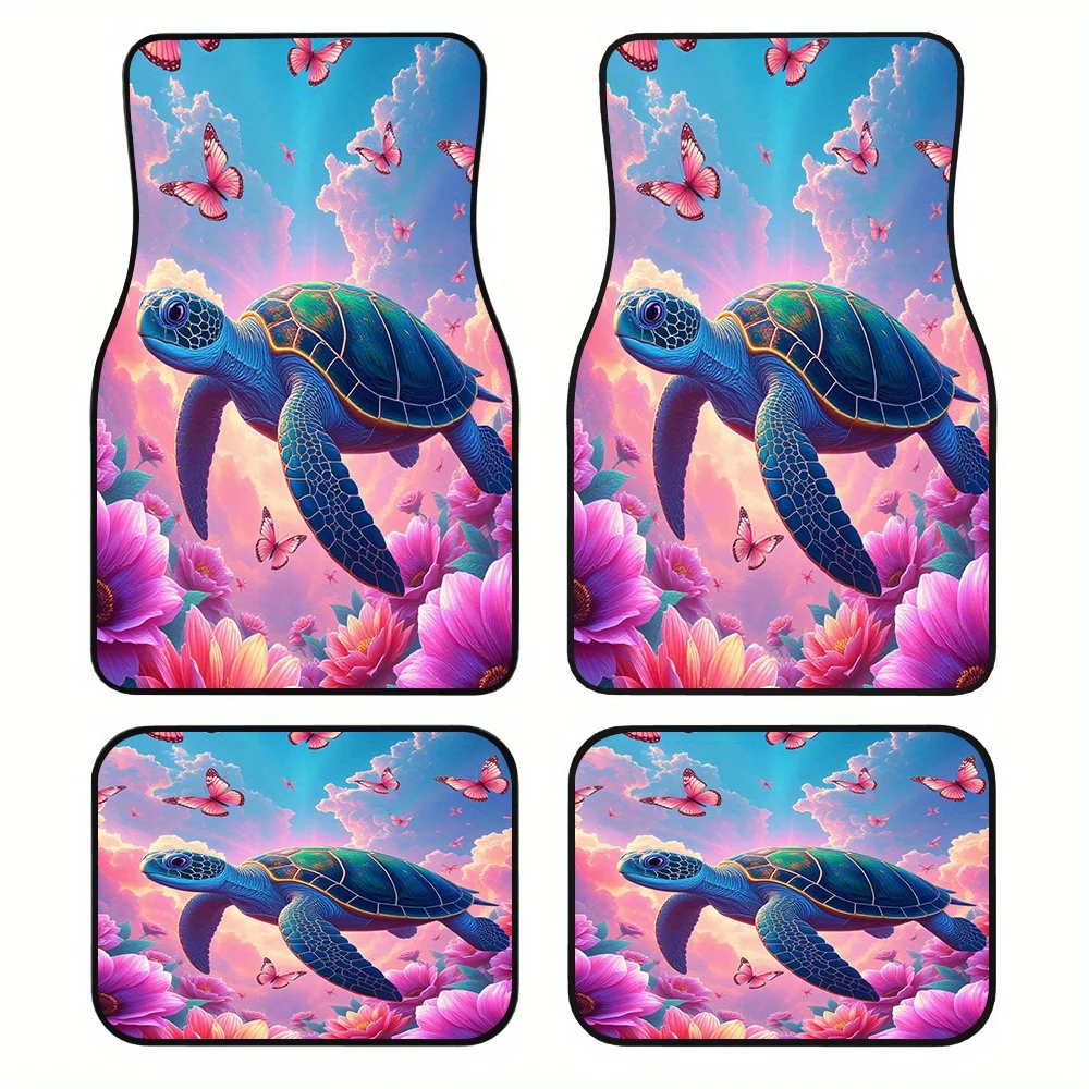 4pcs Car Floor Mats With Fantasy Marine Turtlework Pattern - Vibrant Pink & Floral Design, Durable Polyester, Fit For Sedans & M