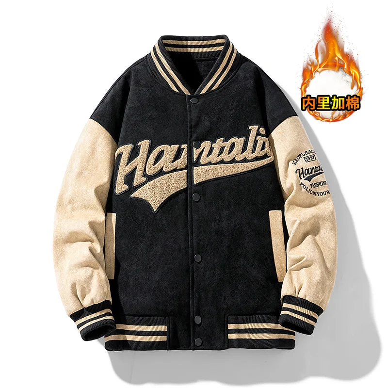 

Jacket Men's Autumn and Winter Stand Collar Suede Couple Wear American Baseball Uniform Fashion Brand Coat Fleece-lined