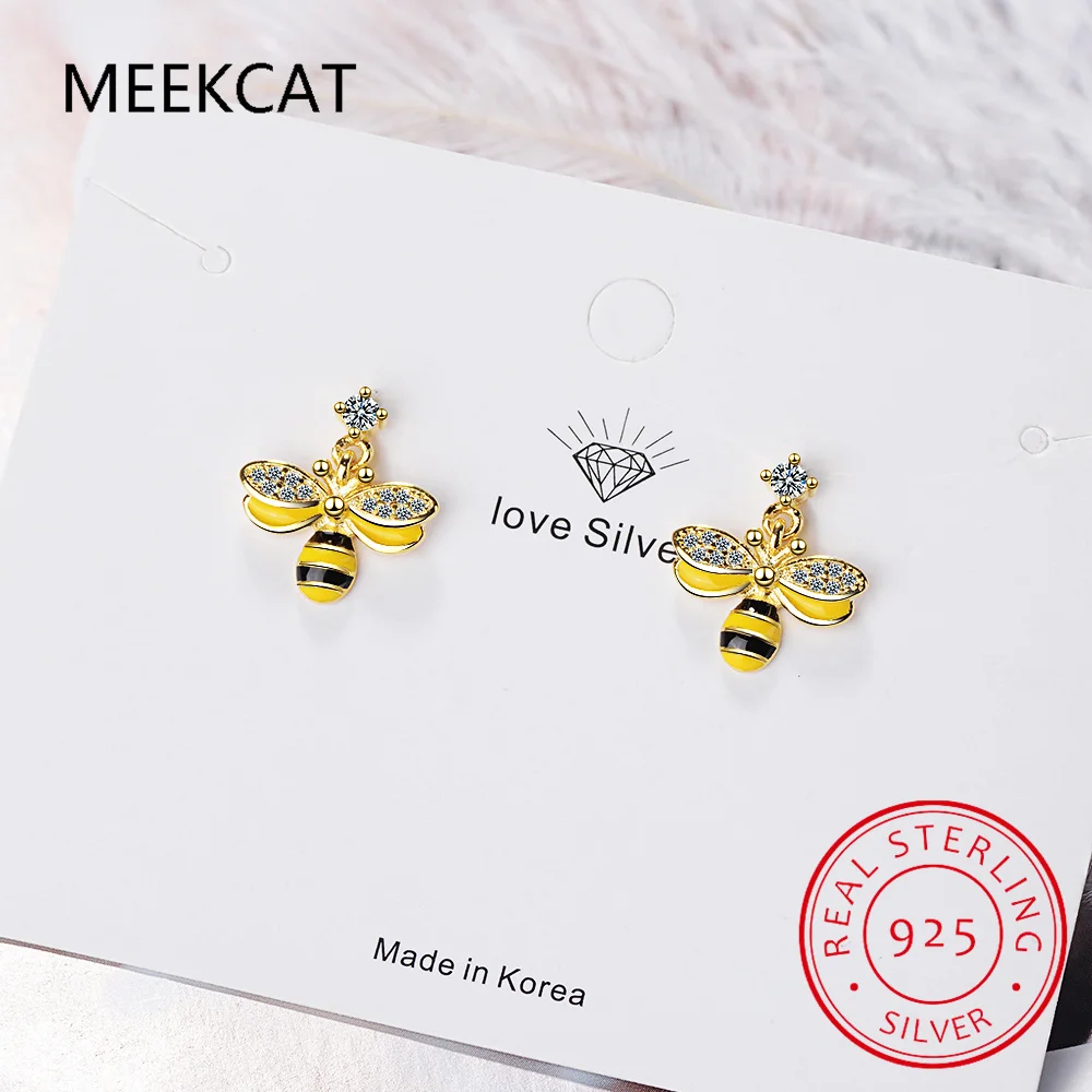 Little Bee Stud Earrings 925 Sterling Silver Yellow Enamel Animal Insect Earrings for Women Statement Jewelry SCE1182