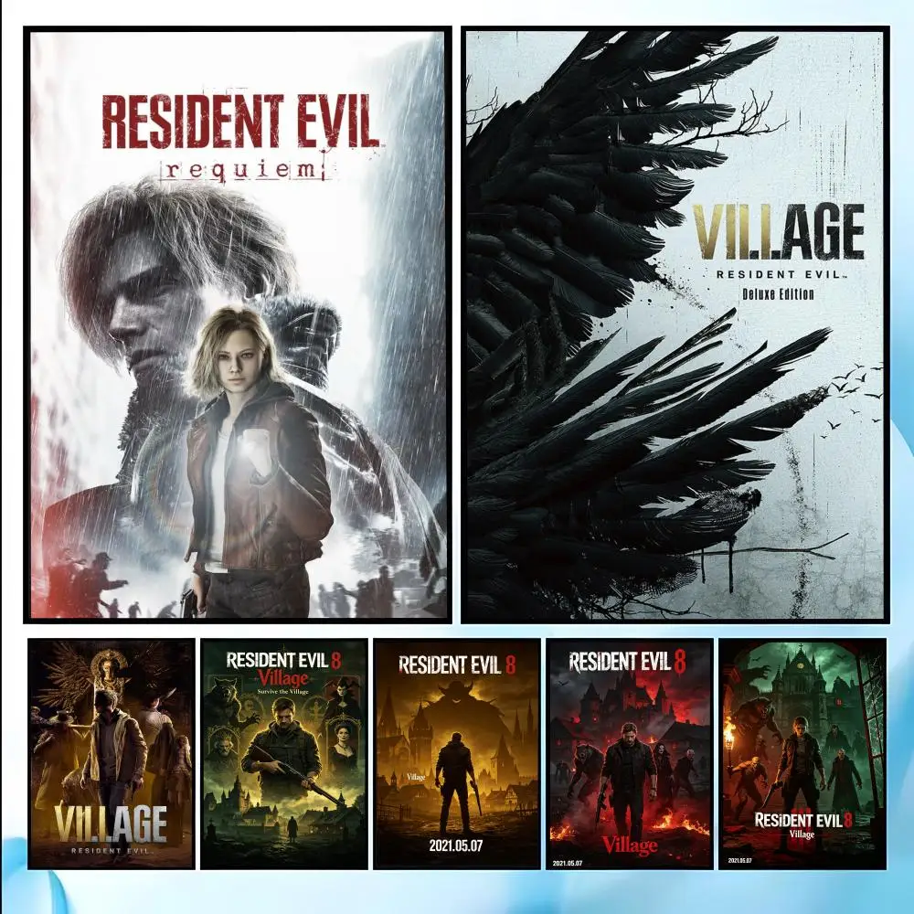 Resident-Evil 8 Poster, HD-Kunst, selbstklebende Wanddekoration, wasserfest, für Zuhause, Wohnzimmer, Schlafzimmer, Bar, ästhetische Dekoration