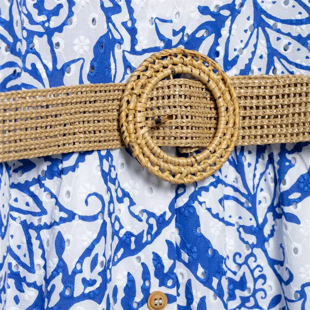   2025, mit Gürtel bedruckt, Hemd-Stil, einreihig, kurzärmelig, lockeres Kleid, langer Rock, Sommer, neue Damenbekleidung