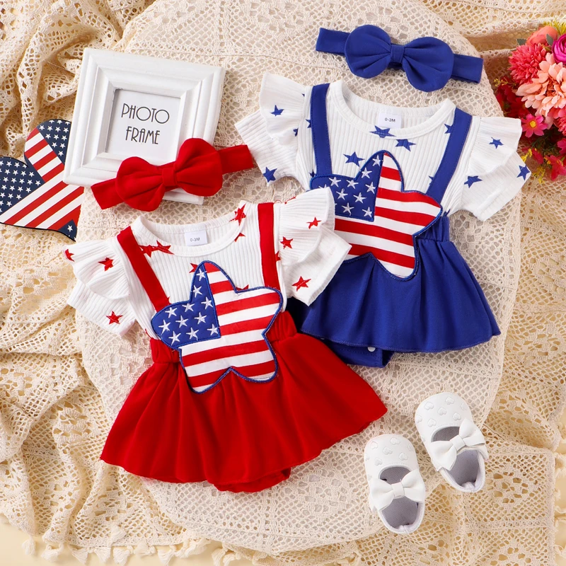 

Baby Girls Fourth of July Outfits Short Sleeve Star Romper + Headband Set Newborn Clothes